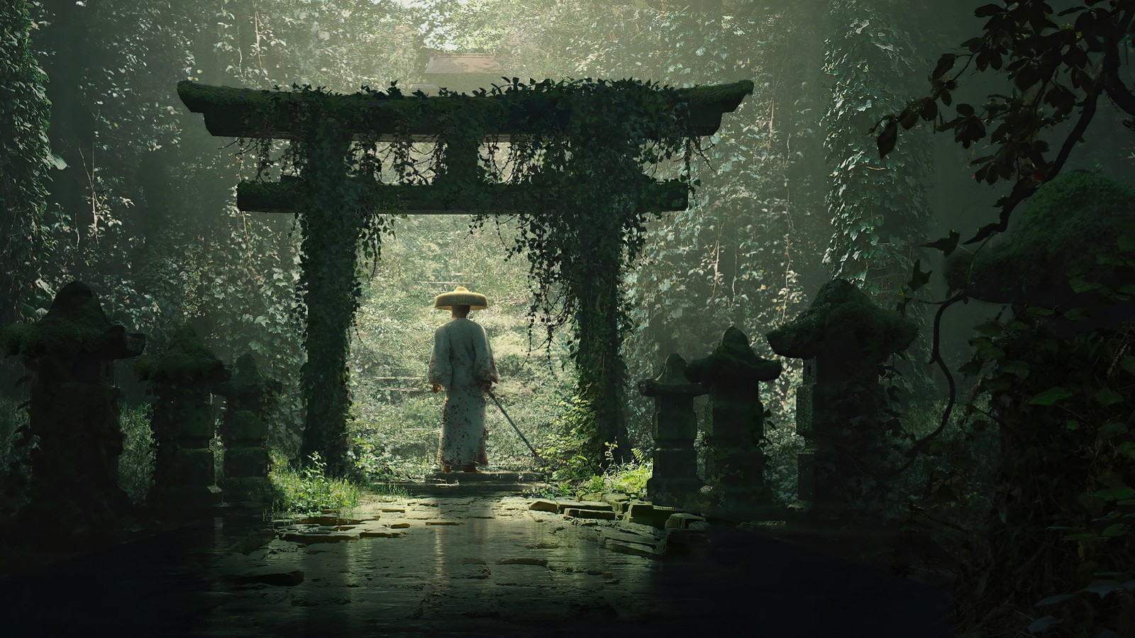 Image arafed d'un homme debout dans un jardin avec une épée (samouraï, fantaisie, torii, porte japonaise)