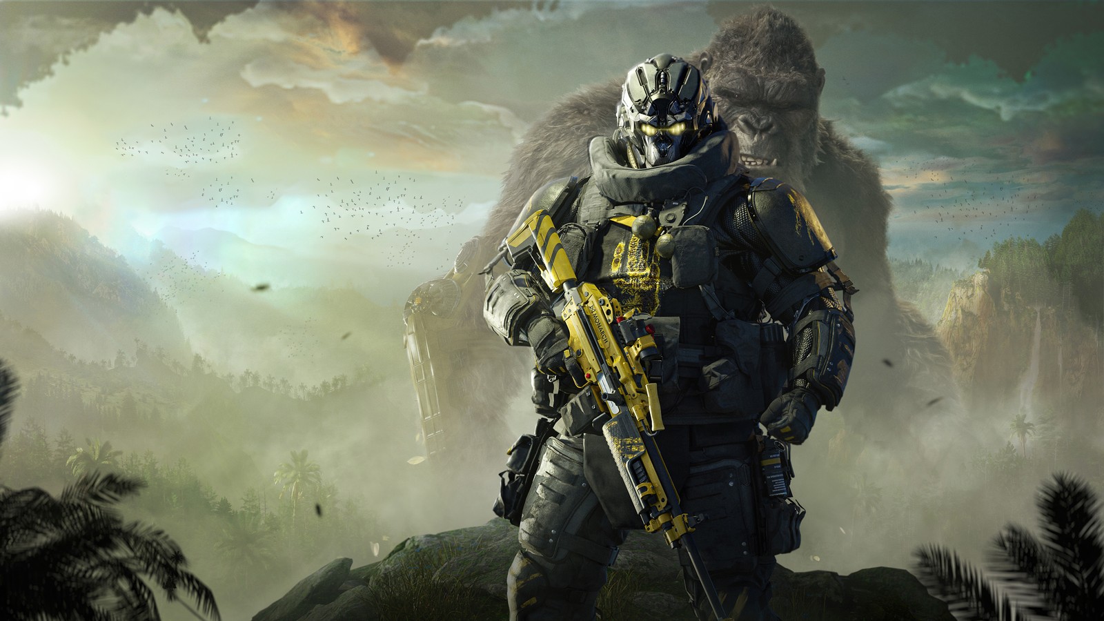 Un homme en costume tenant un fusil devant une montagne (godzilla x kong le nouvel empire, godzilla x kong the new empire, call of duty warzone, call of duty modern warfare 3, jeux)