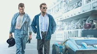 Pôster do filme Ford v Ferrari: Christian Bale e Matt Damon na pista de corrida