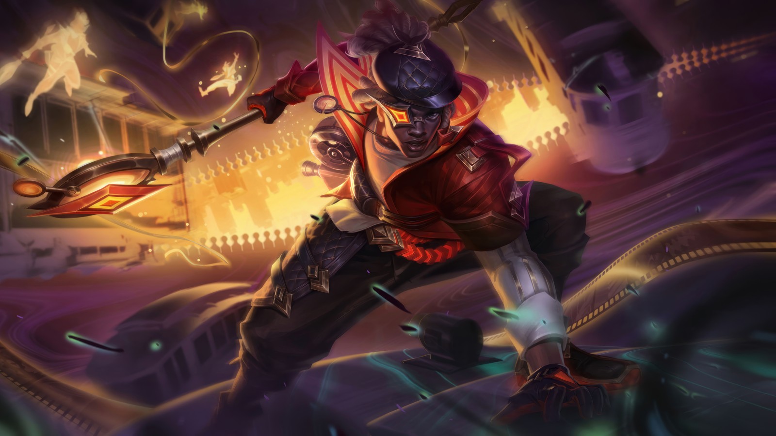 A man in a red jacket holding a sword and a sword (ekko, psychic detective, skin, lol wild rift, video game)