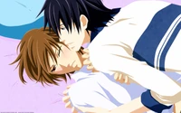 Intimate embrace between two young males, showcasing a tender moment of romance in a manga-inspired style.