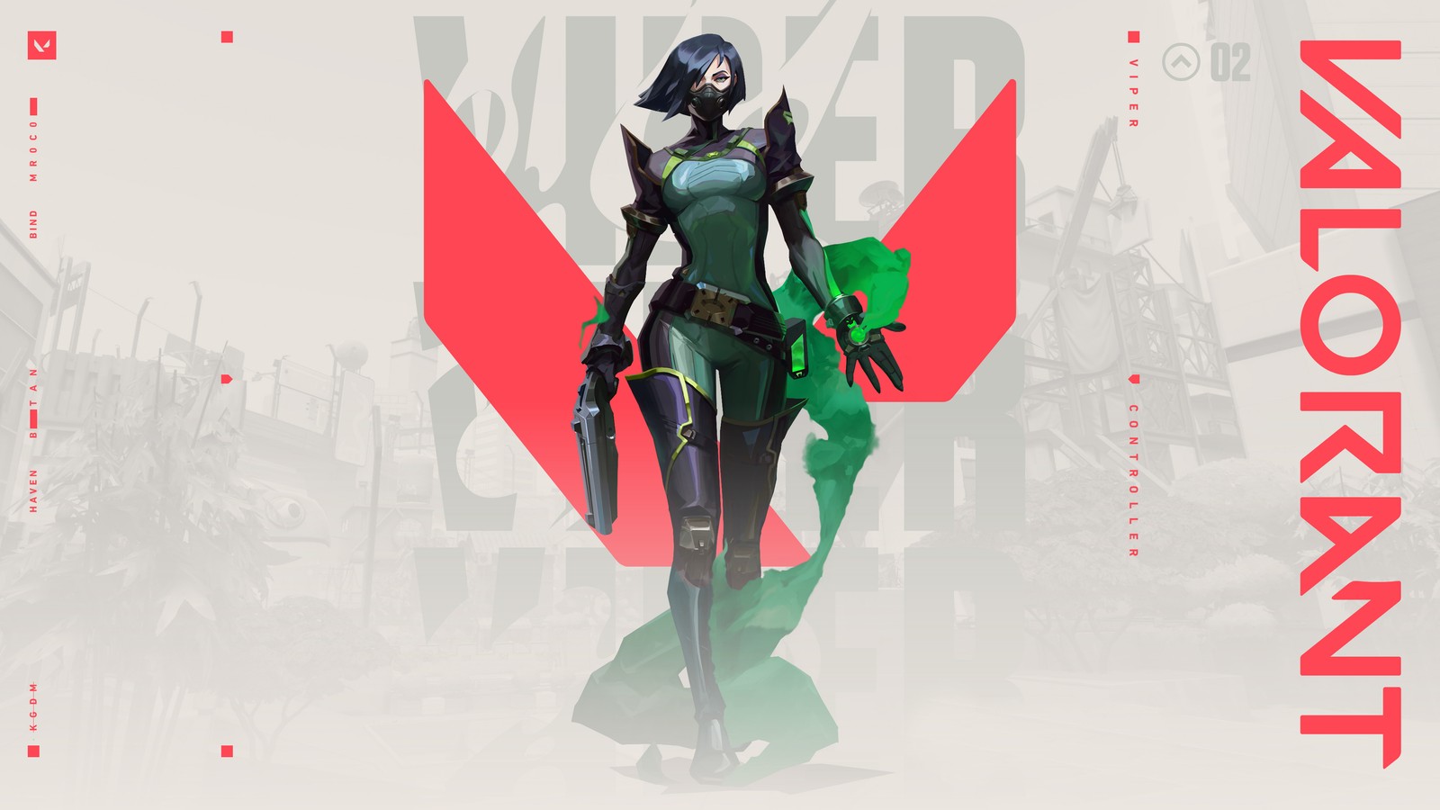 A woman in a green suit standing next to a red and white logo (viper, valorant, video game)