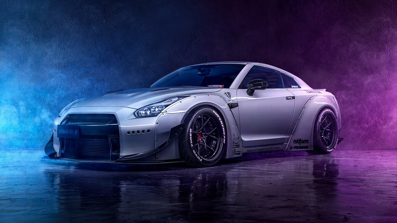 Крупный план спортивного автомобиля в темной комнате с неоновым светом (nissan gt r r35, неон, цифровое искусство, машины, обои 4k)