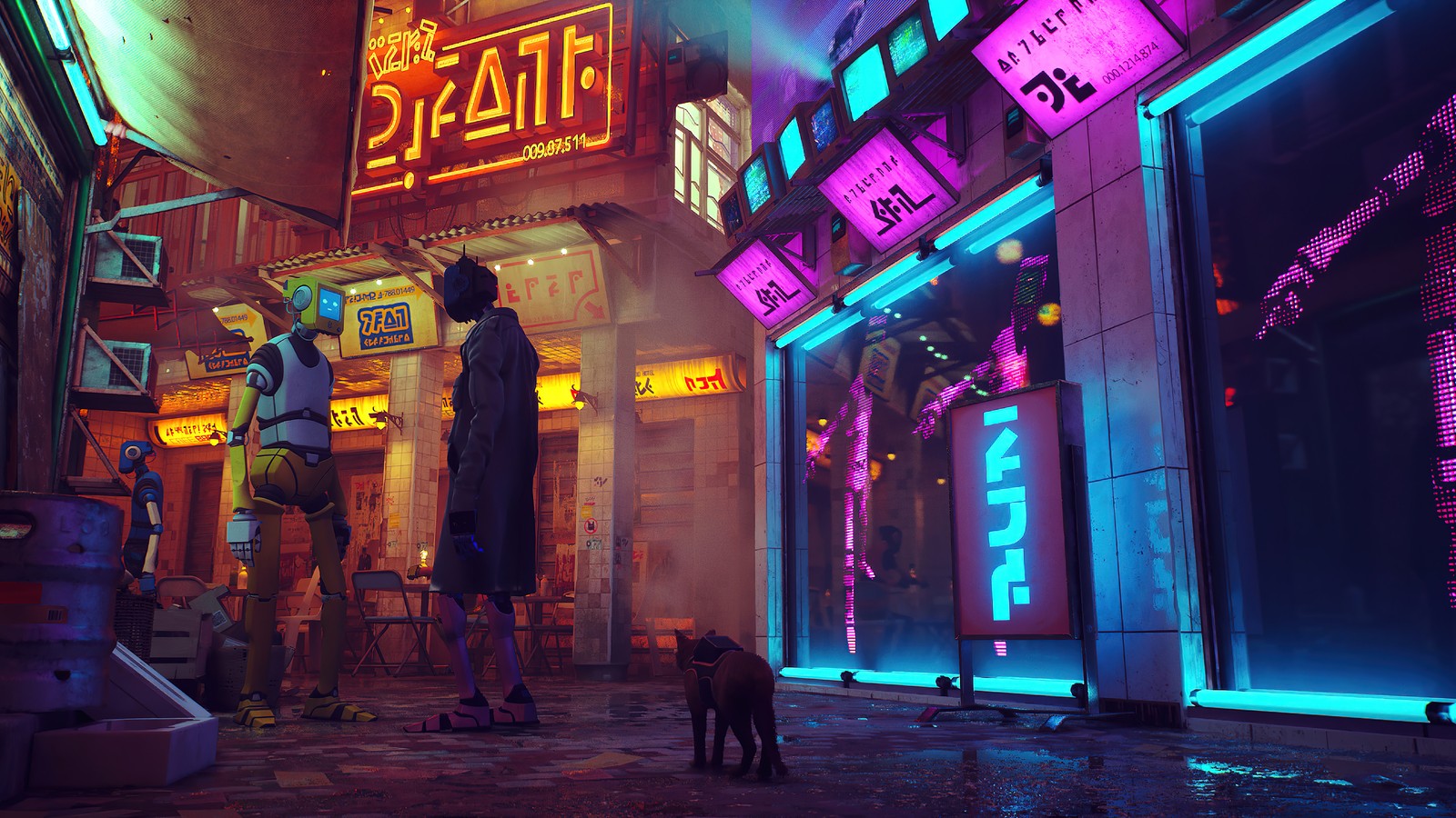 Cyber city with neon signs and a dog in the foreground (stray game, video game)