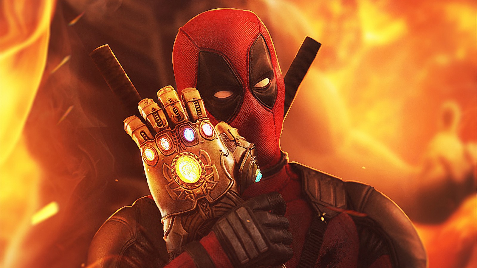 Deadpool tenant un gant lumineux devant un feu (conception graphique, super héros, art, personnage fictif, graphiques)