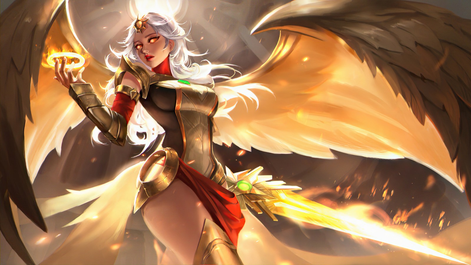 Женщина с крыльями и мечом в руке (кейл, kayle, трансцендентный, league of legends, lol)