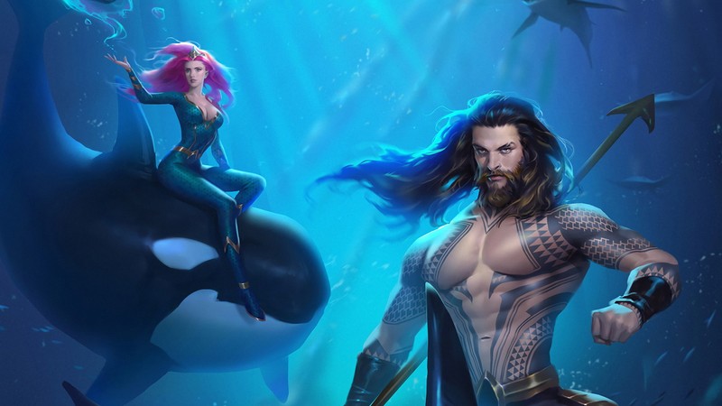 Мужчина и женщина в броне стоят рядом с китом (мера, mera, aquaman, эмбер херд, amber heard)