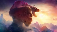 Affrontement épique entre Godzilla et King Kong avec des hélicoptères planant au premier plan, sur fond de coucher de soleil dramatique.