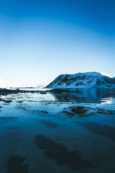 Ruhige arktische Landschaft: Blauer Gletschersee spiegelt schneebedeckte Berge unter klarem Himmel