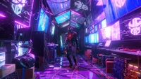 Miles Morales in a neon-lit tech environment, showcasing vibrant visuals and intricate details from the Marvel universe.