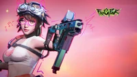 Personaje femenino dinámico empuñando una pistola futurista, contra un fondo rosa vibrante, que encarna la esencia del videojuego "Fragpunk".