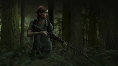 Ellie, die durch einen dichten Wald mit einem Gewehr in der Hand navigiert, verkörpert Entschlossenheit und Überleben.