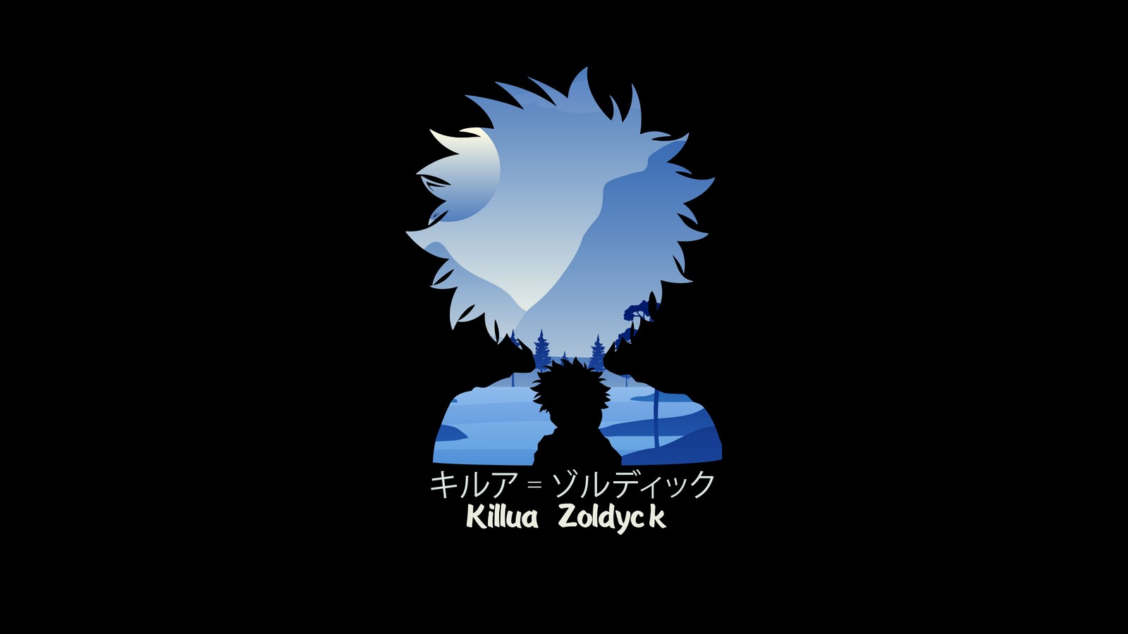 Un gros plan d'une personne avec des cheveux bleus et un fond noir. (killua zoldyck, amoled, hunter x hunter, arrière plan noir, 5k)