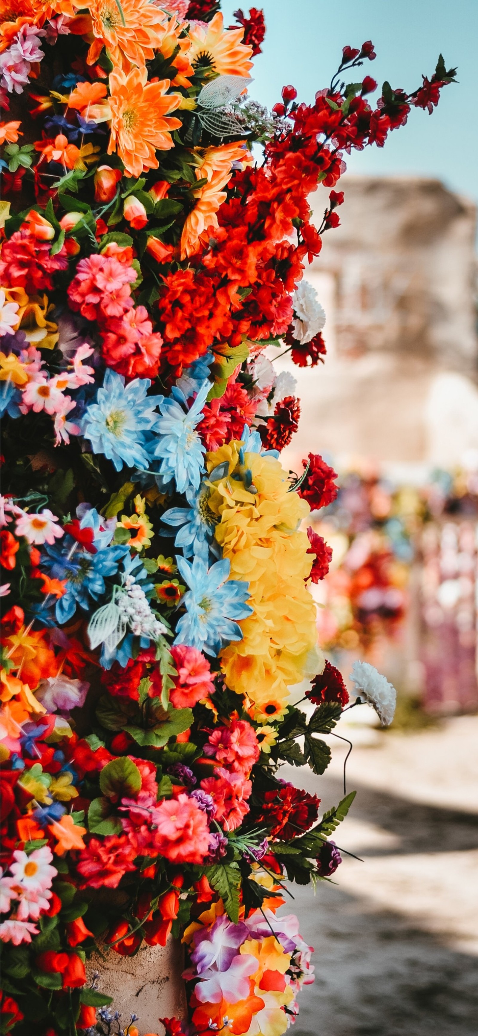 Flores coloridas penduradas em um poste em frente a um prédio (tecno, flor, pétala, laranja, arranjo floral)