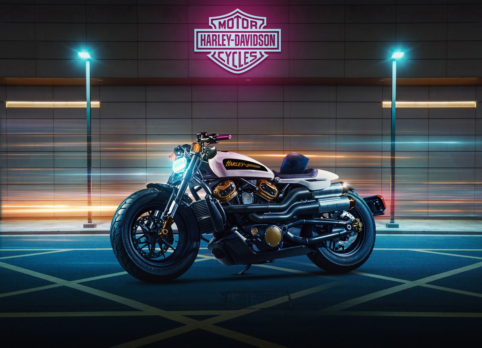 Download harley davidson sportster s, neon background, night lights, bikes, 4k wallpaper for free