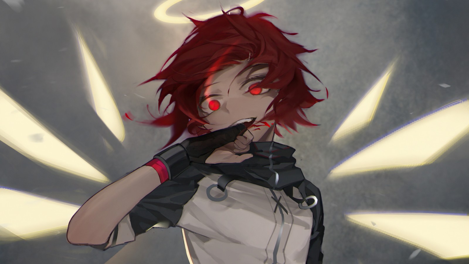 Anime, anime girl, red hair, eyes, gloves, gloves, red eyes, red hair (arknights, video game, exusiai)