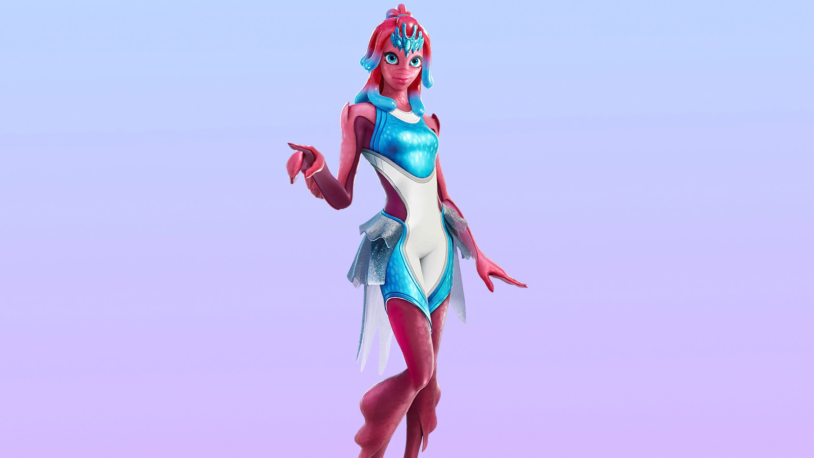 A close up of a cartoon character with a blue and pink outfit (fortnite, fortnite battle royale, video game, bryne, skin)