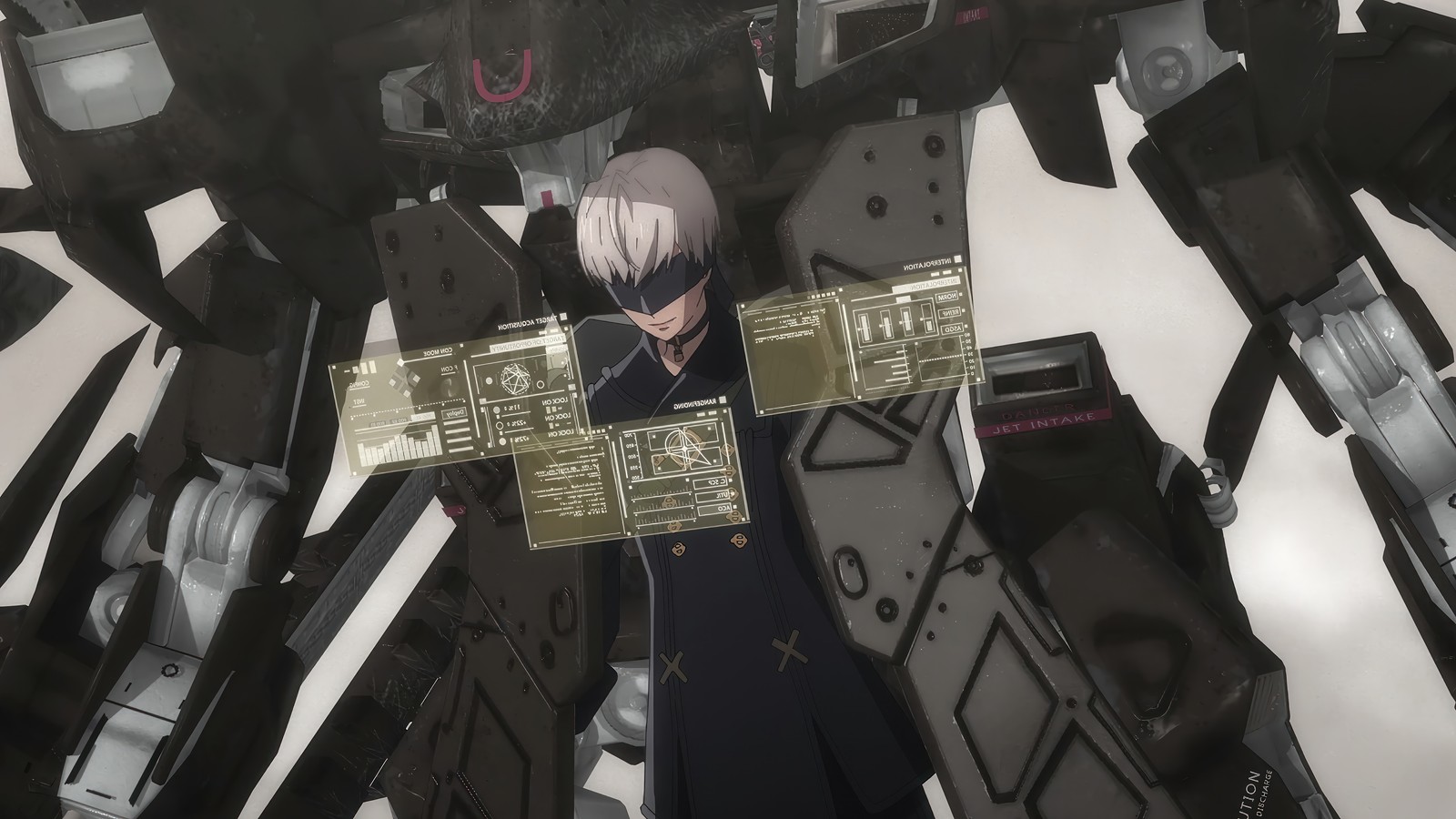 A close up of a person standing in front of a giant robot (nierautomata ver11a, anime, yorha 9s, yorha no9 type s)