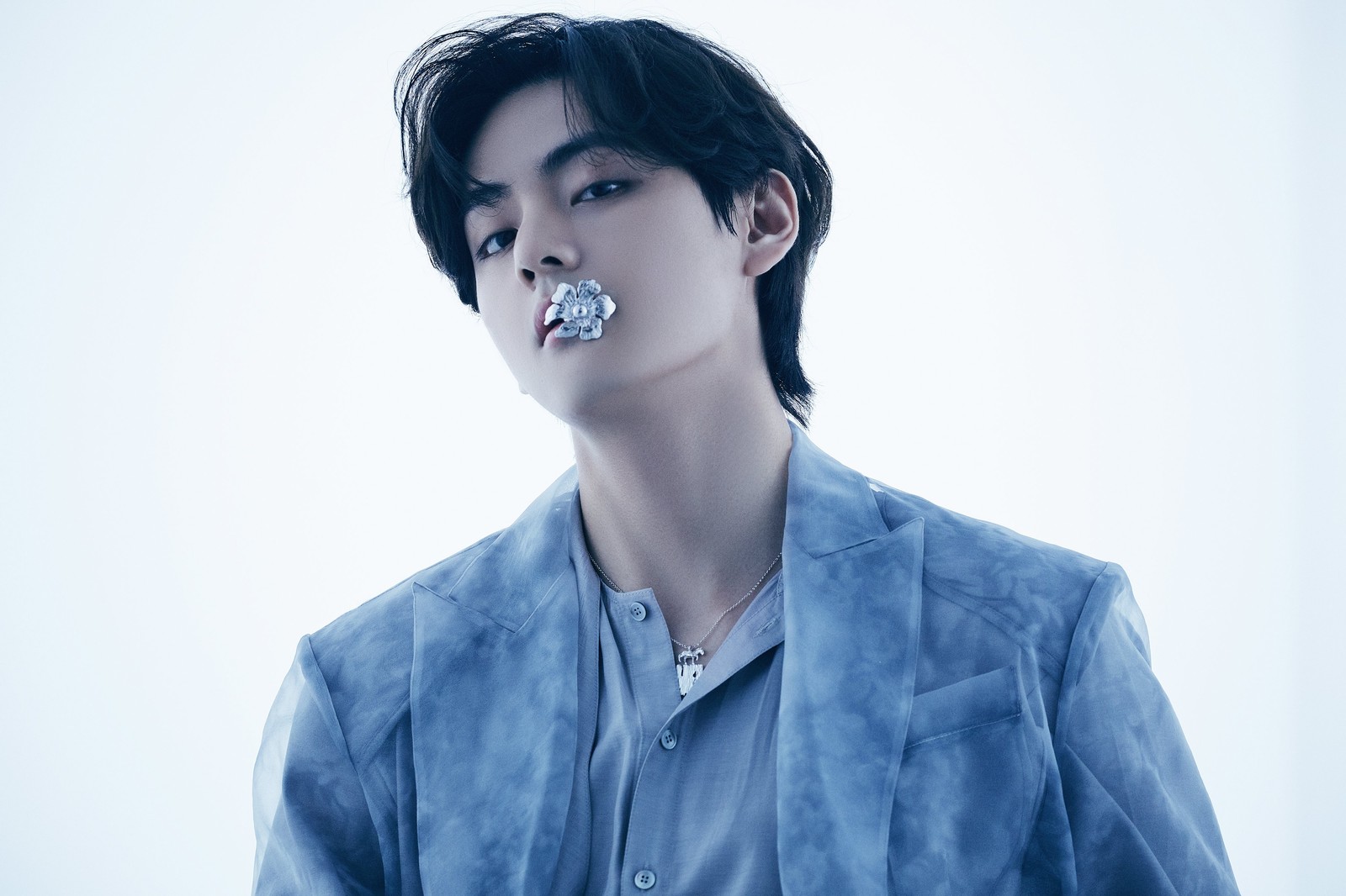 Arafed man with a toothbrush in his mouth and a tie on his mouth (bts, v bts, k pop singers, south korean boy band, music)