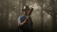 A rugged gunslinger stands in a misty forest, holding a revolver, embodying the spirit of adventure and danger in Red Dead Redemption 2.