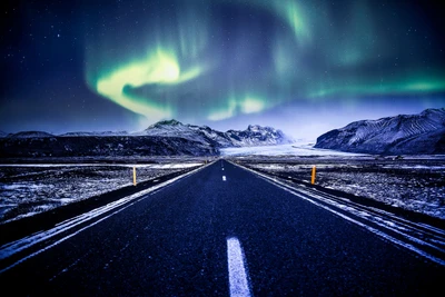 aurora boreal, camino, montañas, cubierto de nieve, glaciar