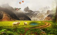 Serene Highland Pasture with Grazing Sheep, Majestic Mountains, and Colorful Hot Air Balloons