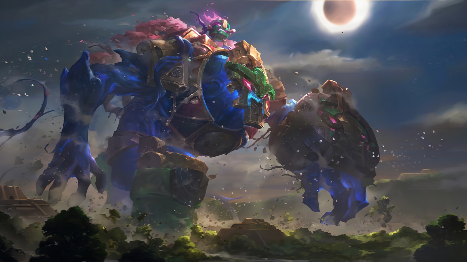 A painting of a giant robot with a bunch of people on it (worldbreaker, maokai, lor, legends of runeterra, video game)