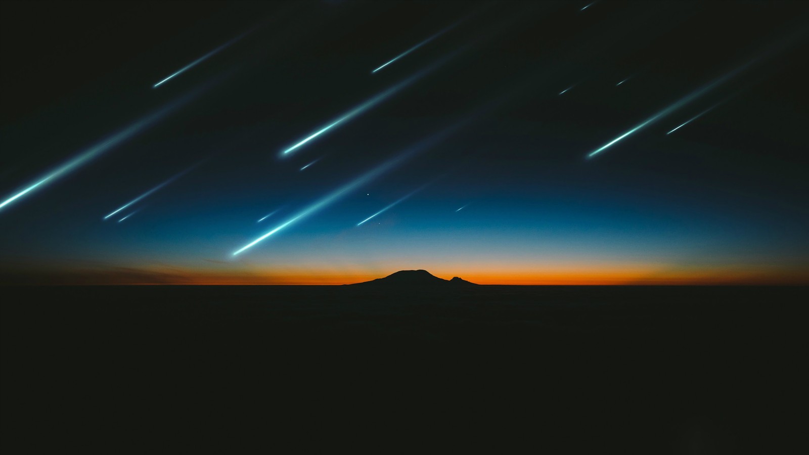 Una montaña con un cielo lleno de estrellas y algunas luces (noche, cometa, atardecer, escenario)