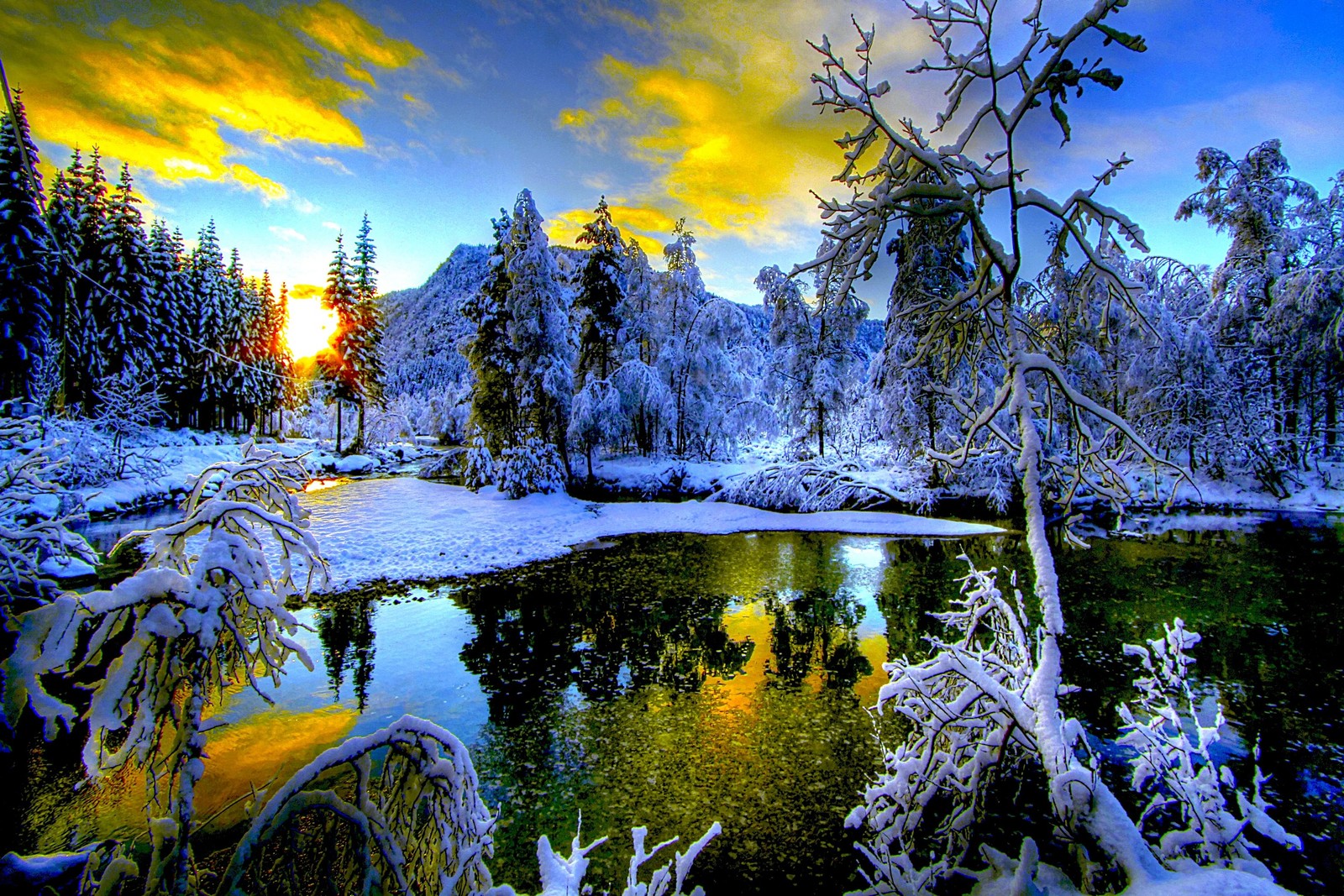 Uma bela cena de inverno com um rio e árvores em primeiro plano (neve, inverno, natureza, paisagem natural, reflexo)