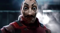 Personagem mascarado inspirado em "La Casa de Papel" em um cenário de videogame