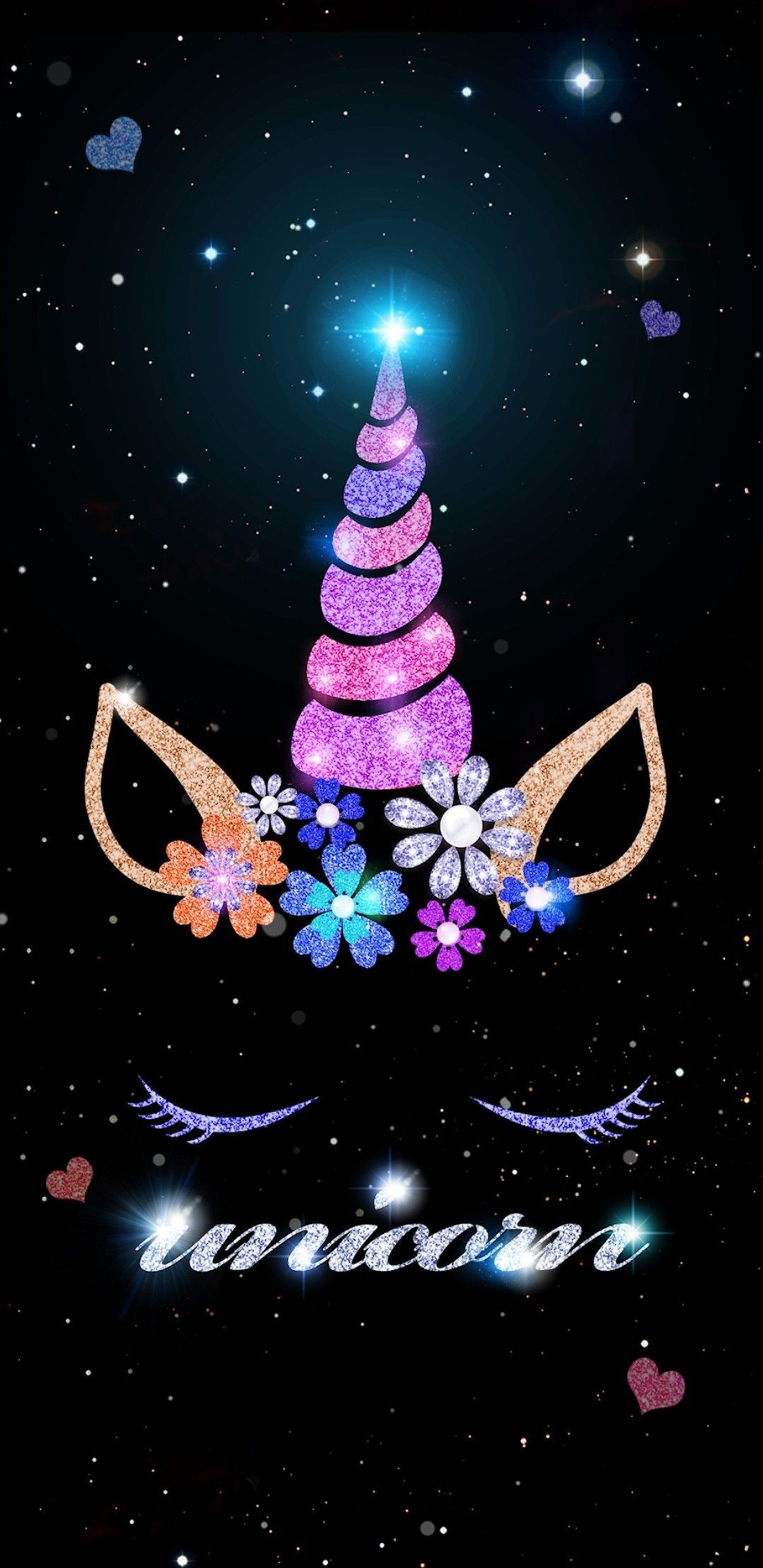 La cabeza de un unicornio con una corona de flores en ella (galaxia, unicornio)