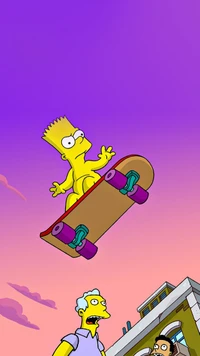 Bart Simpson faisant du skateboard dans un coucher de soleil vibrant