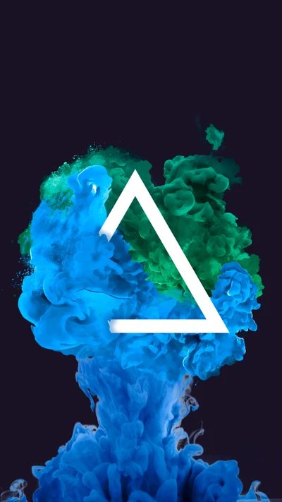 Single Triangular Shape Emerging from Vibrant Blue and Green Smoke