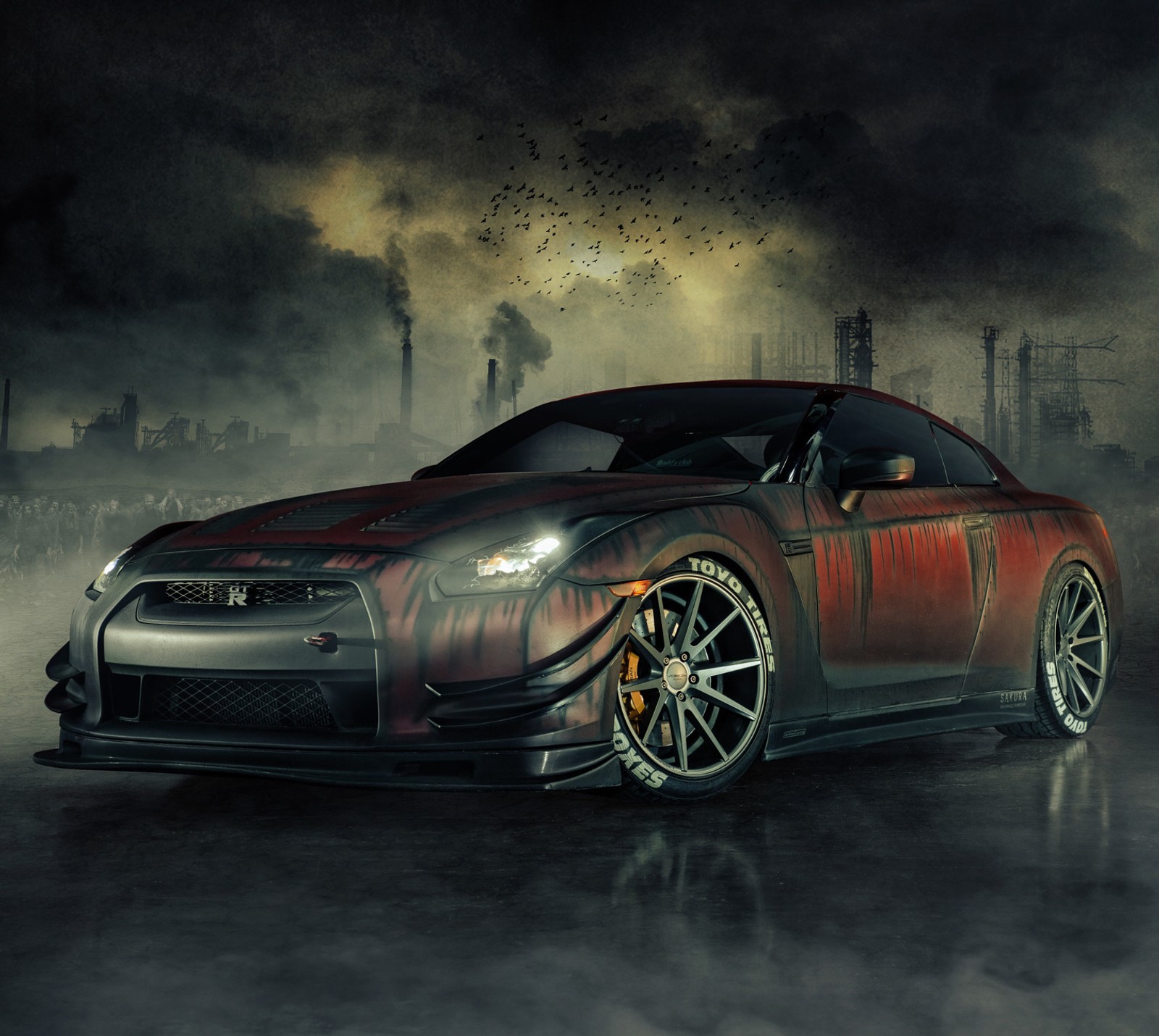 Um close de um carro com muita fumaça ao fundo (gtr, nissan r35, r35, the walking dead, walking dead)