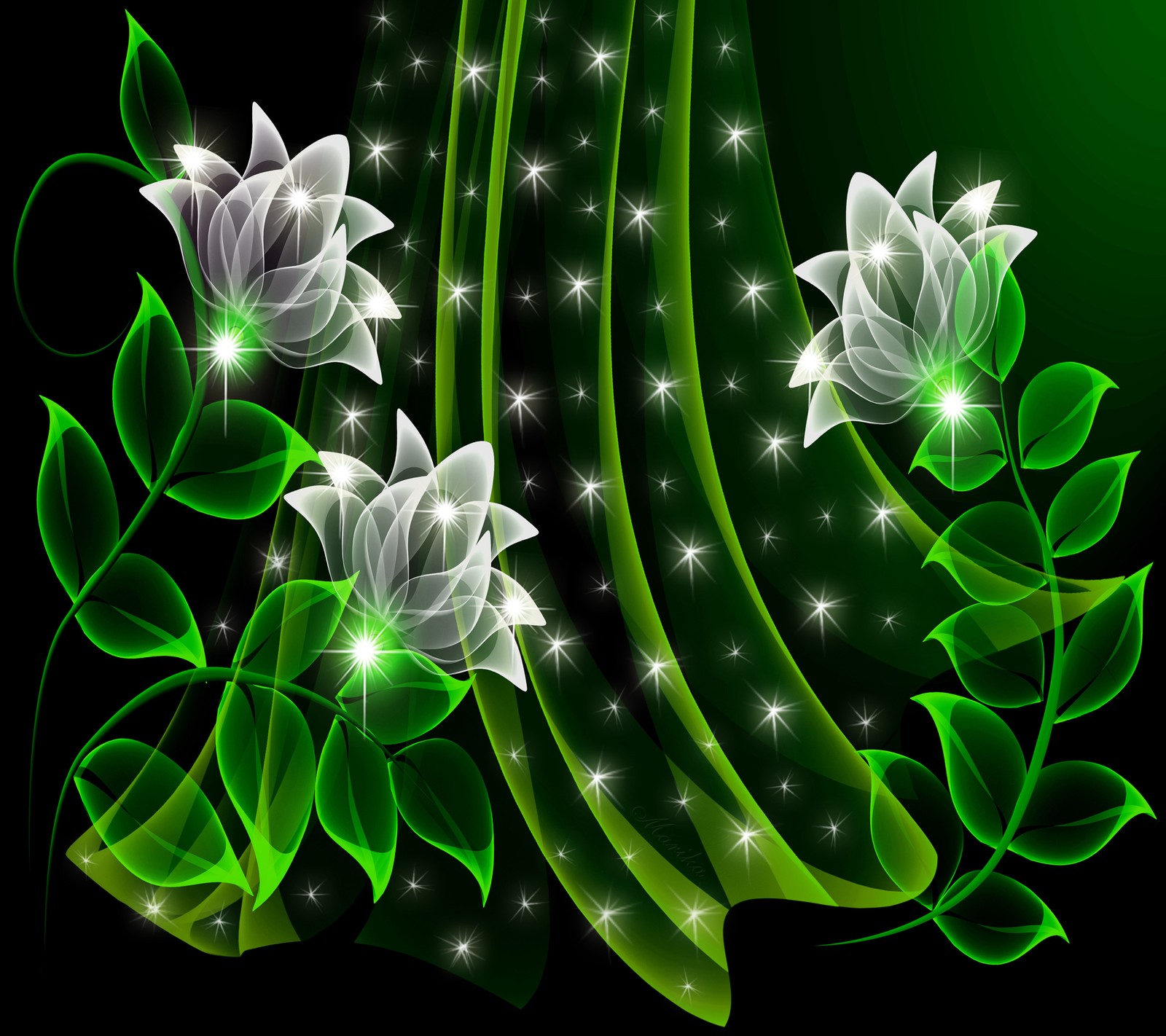 A green and white flower with stars on a black background (floral, flowers, glow, green, neon)