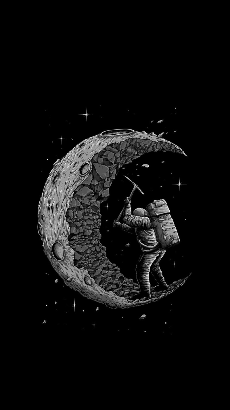 Una ilustración en blanco y negro de un hombre en la luna (menonmars, menonmoon, luna)