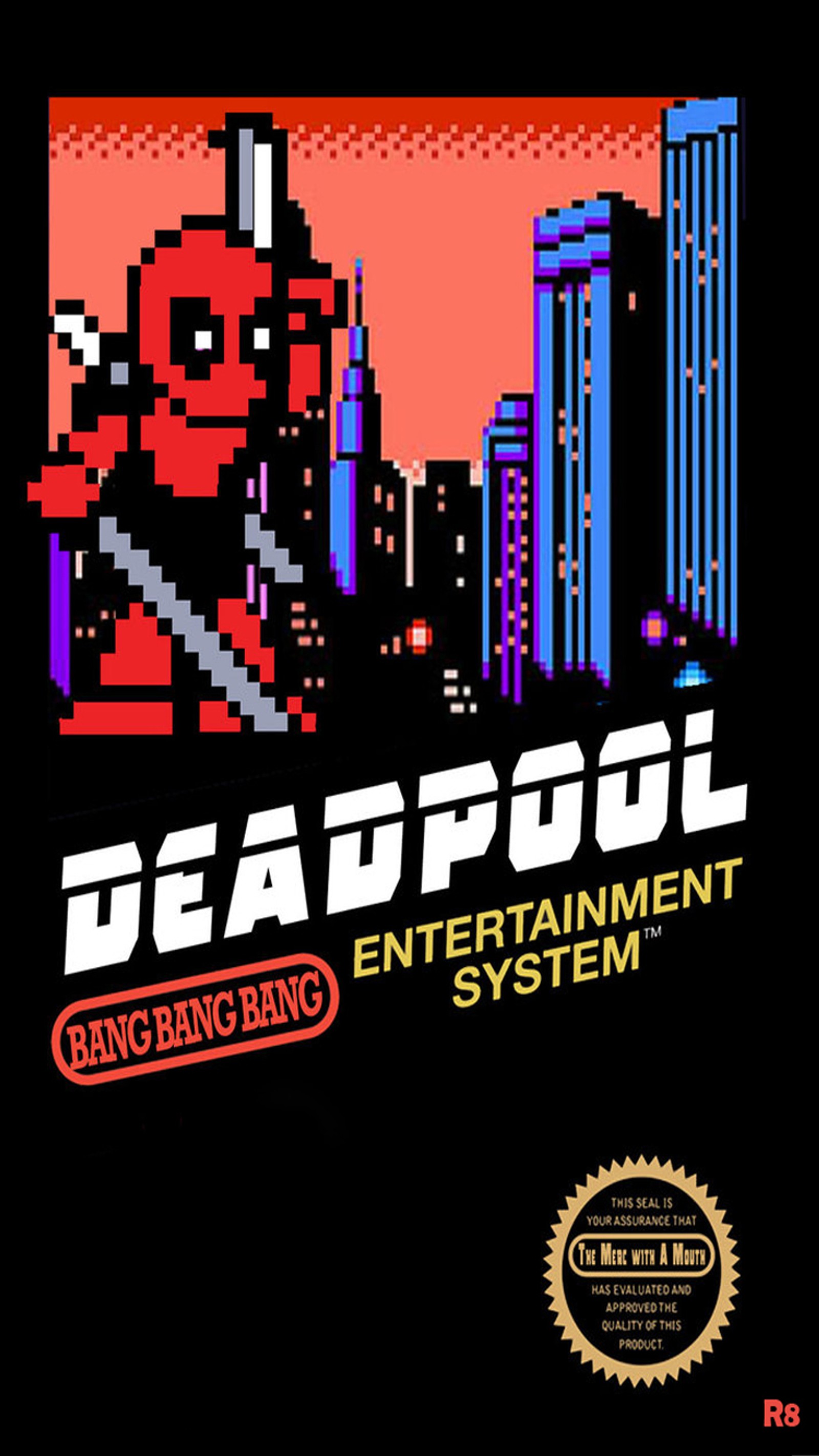 Um close de um jogo nintendo com um logo do deadpool (famicon, herói, marvel, nes)