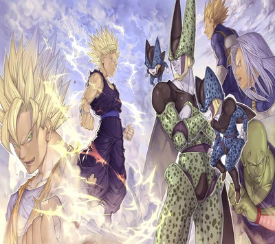 Epic showdown featuring Goku, Vegeta, Trunks, and Cell in a dynamic Dragon Ball Z scene.