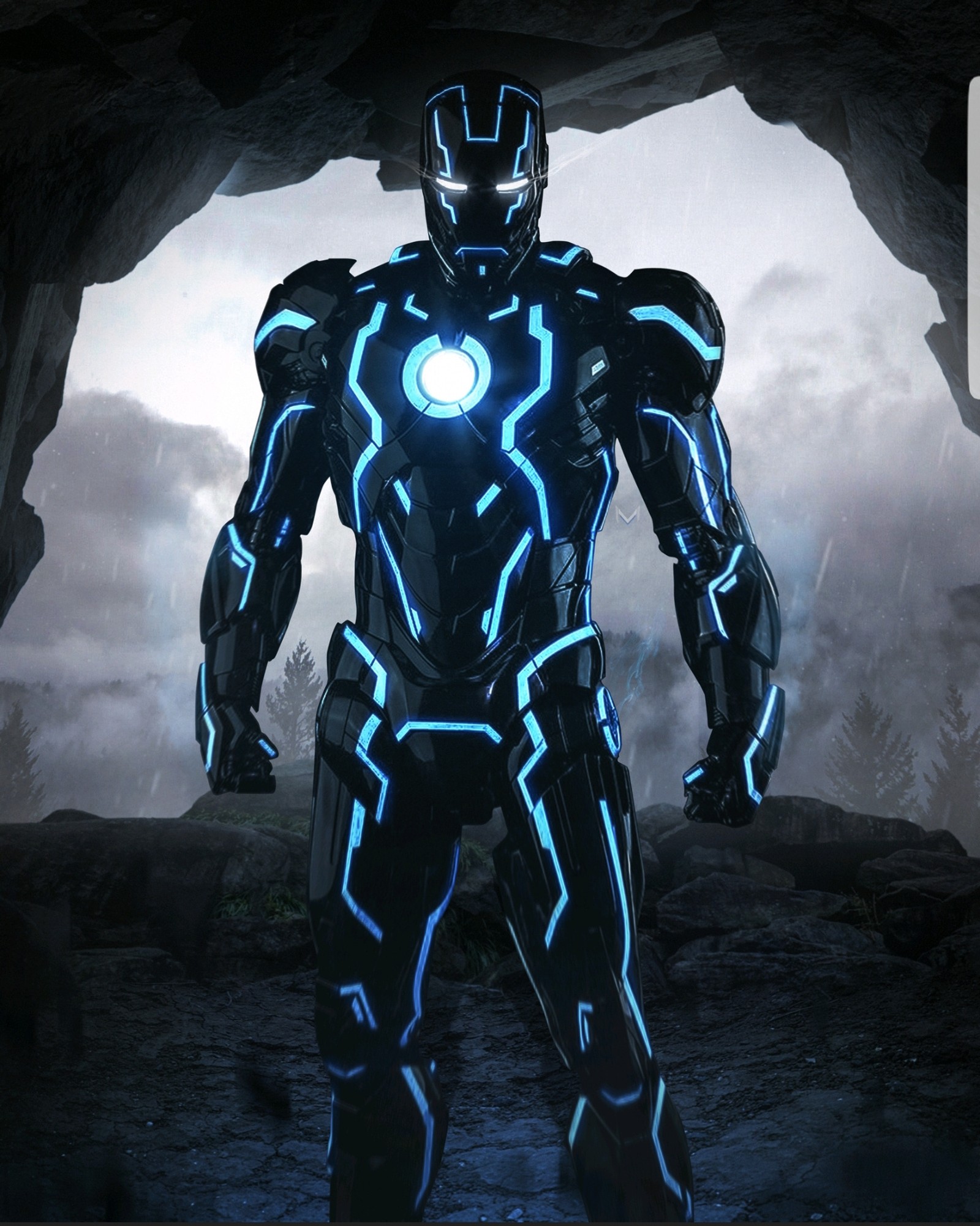 Arafed man in a suit with glowing blue lights standing in a cave (avengers, hd, infinity, iron, man)