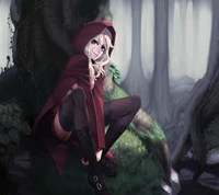 Fantasy Girl in a Red Hood Sitting in Enchanted Forest