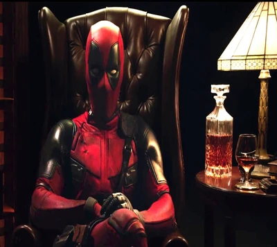 Deadpool, der sich in einem Sessel mit einem Getränk entspannt