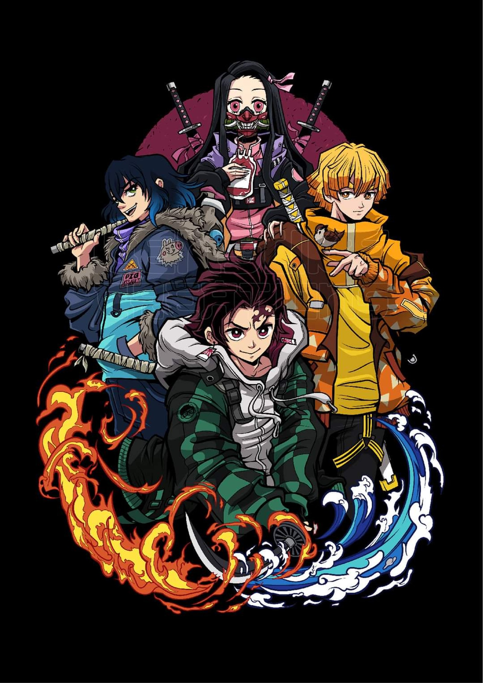 Un groupe de personnages d'anime avec du feu et de l'eau (anime, demon slayer, kimetsu no yaiba, shonen, tanjiro)