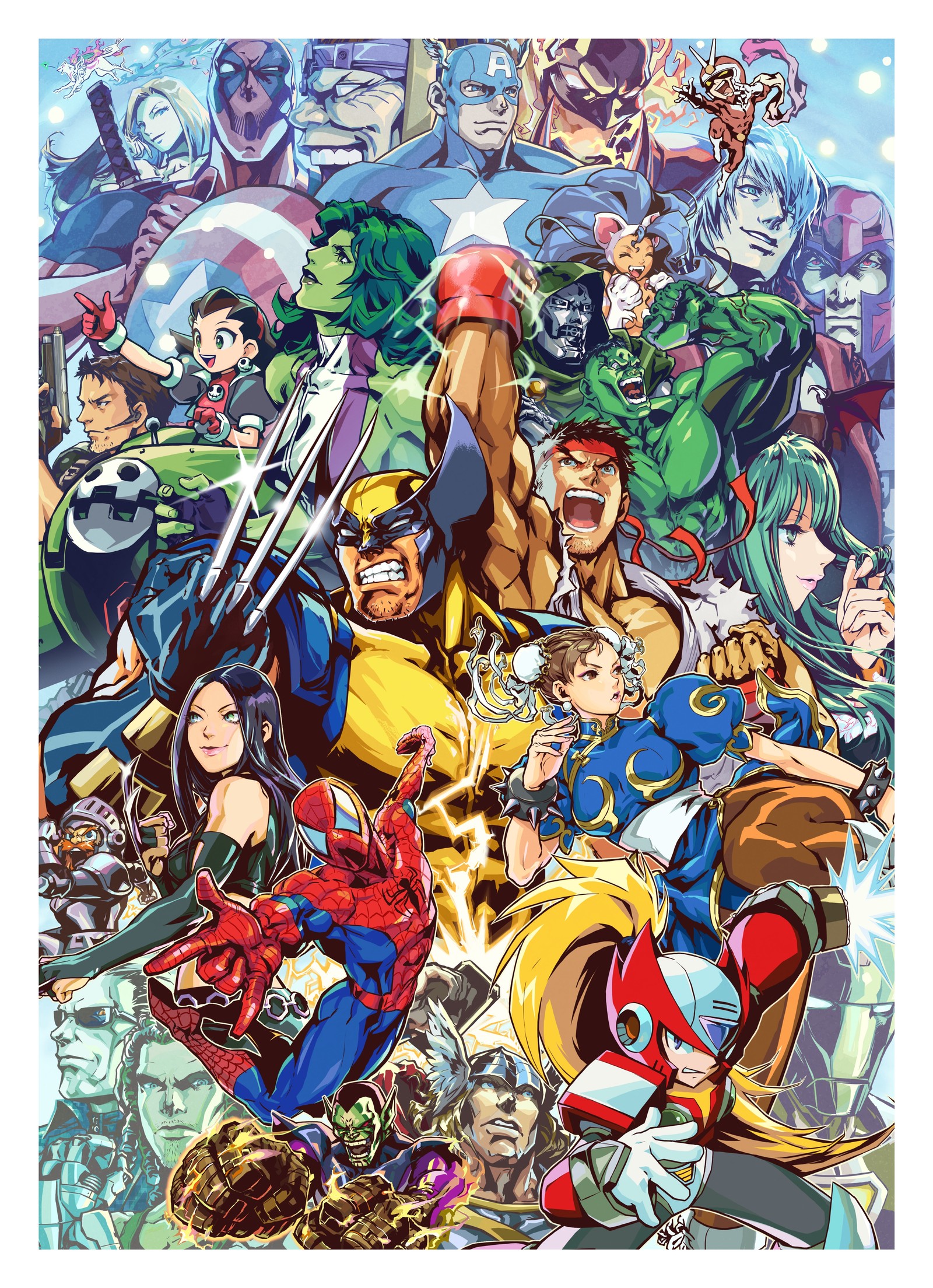 Un gros plan d'un groupe de personnages de dessin animé sur une affiche (wolverine, ryu, spiderman, chun li, zéro)