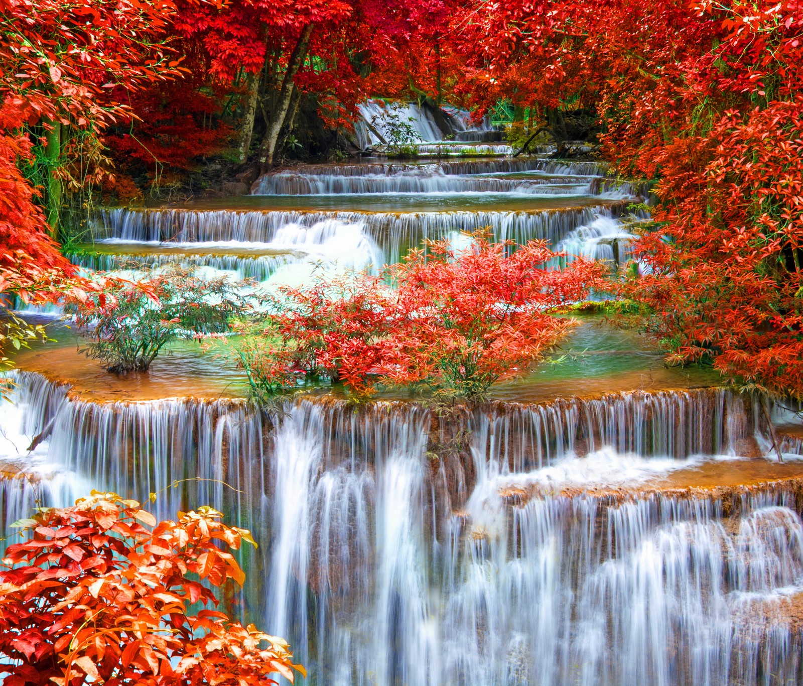 Waterfall in the fall with red leaves and trees (autumn, landscape, nature, waterfalls)