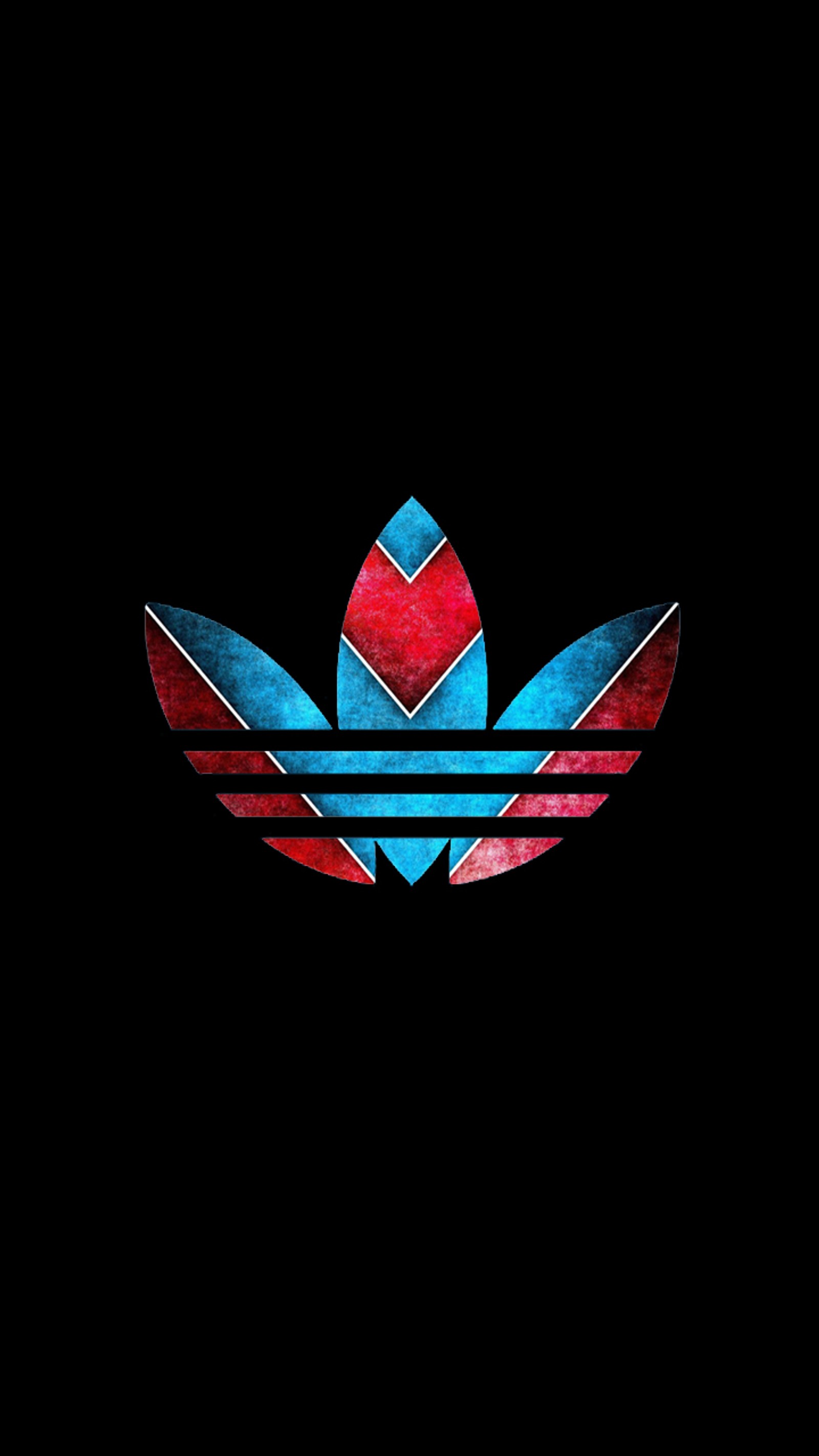 Um close-up de um logotipo da adidas vermelho e azul em um fundo preto (abstrato)