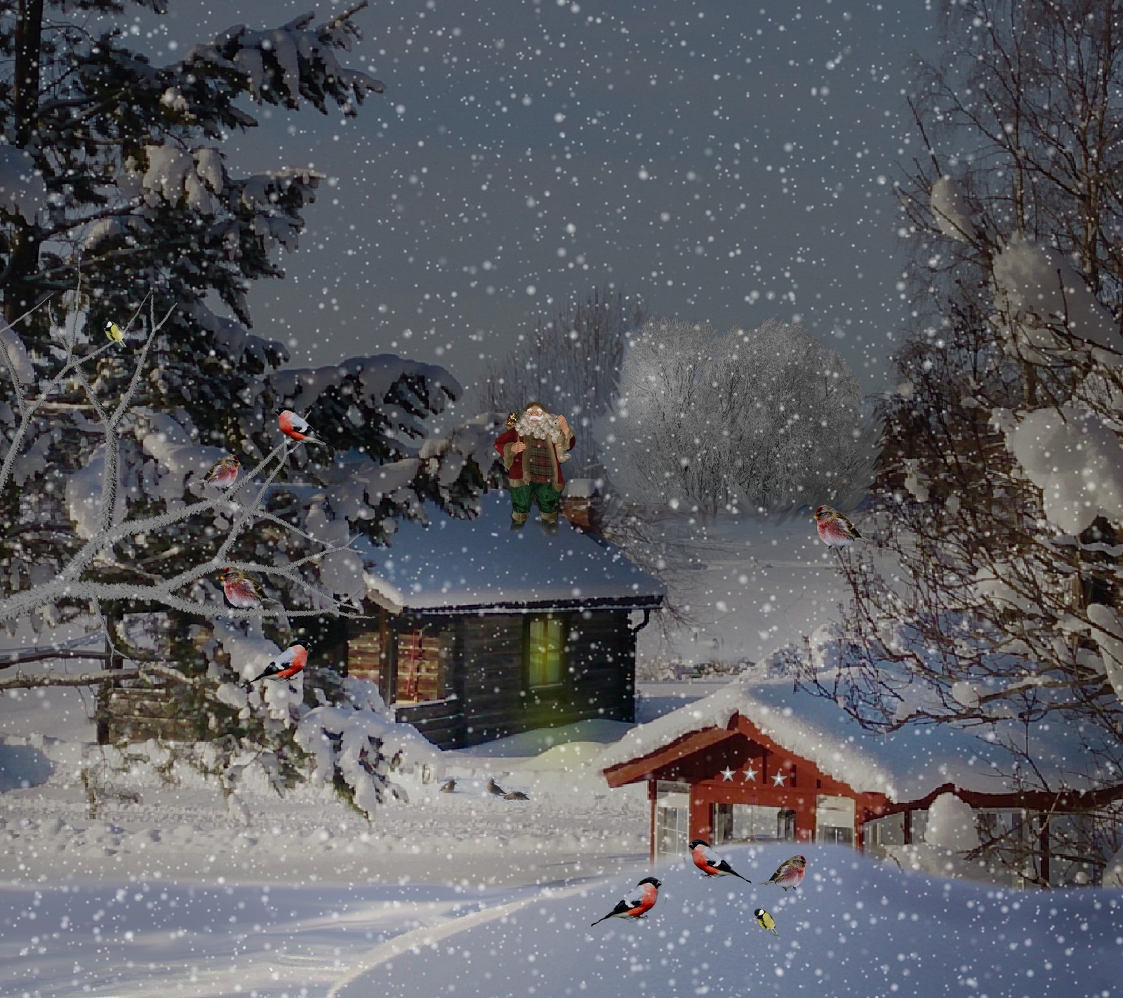 Snowy scene of a small cabin with a snow covered roof (christmas, holiday, winter)