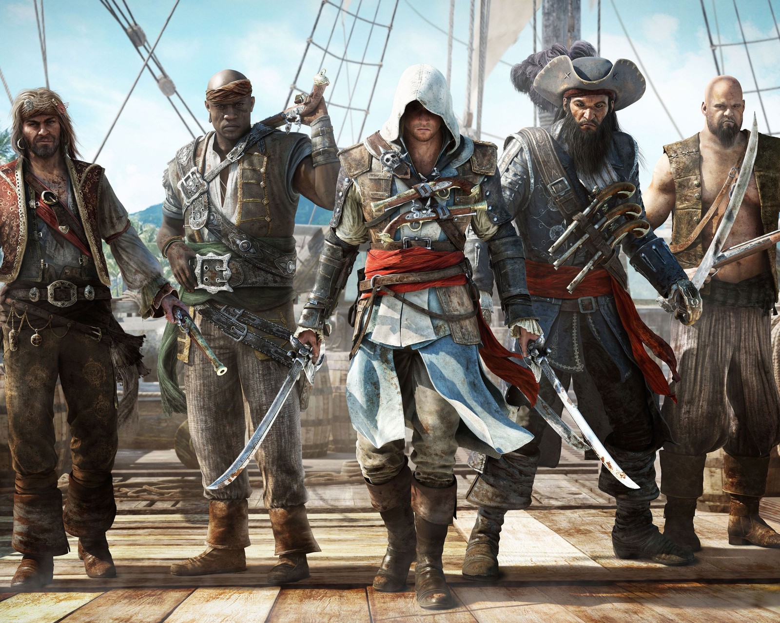 A group of men standing on a ship with swords (assassin, creed, game)