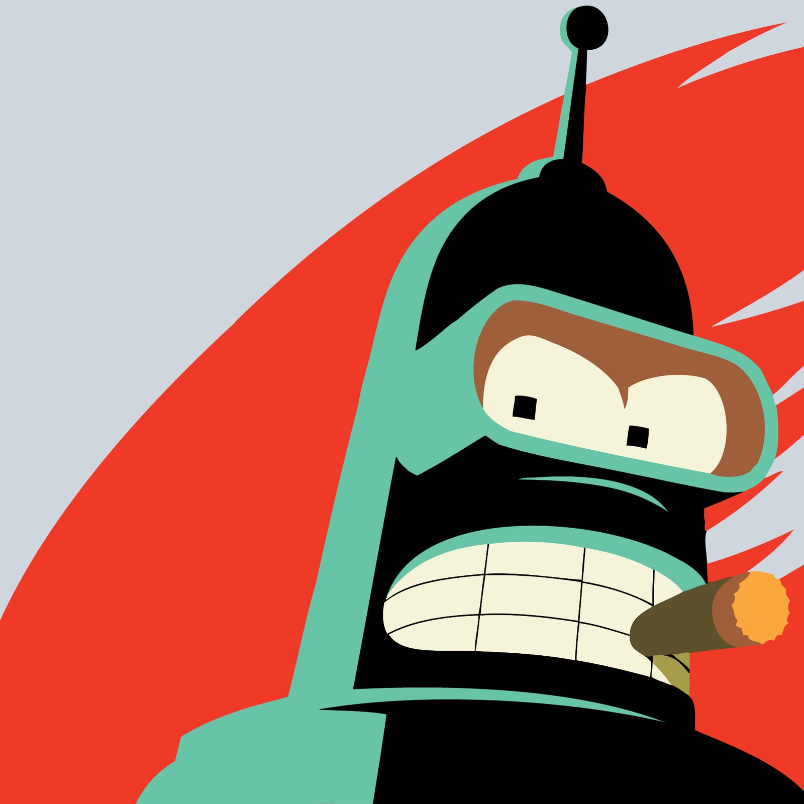 Personaje de dibujos animados con un cigarro en la boca y fondo rojo (bender, futurama)