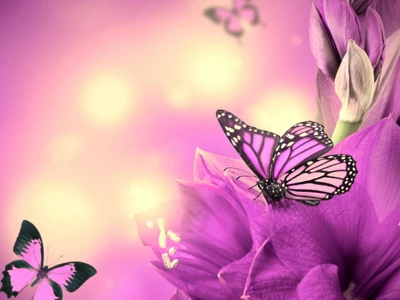 Abstract Purple Butterflies and Flowers