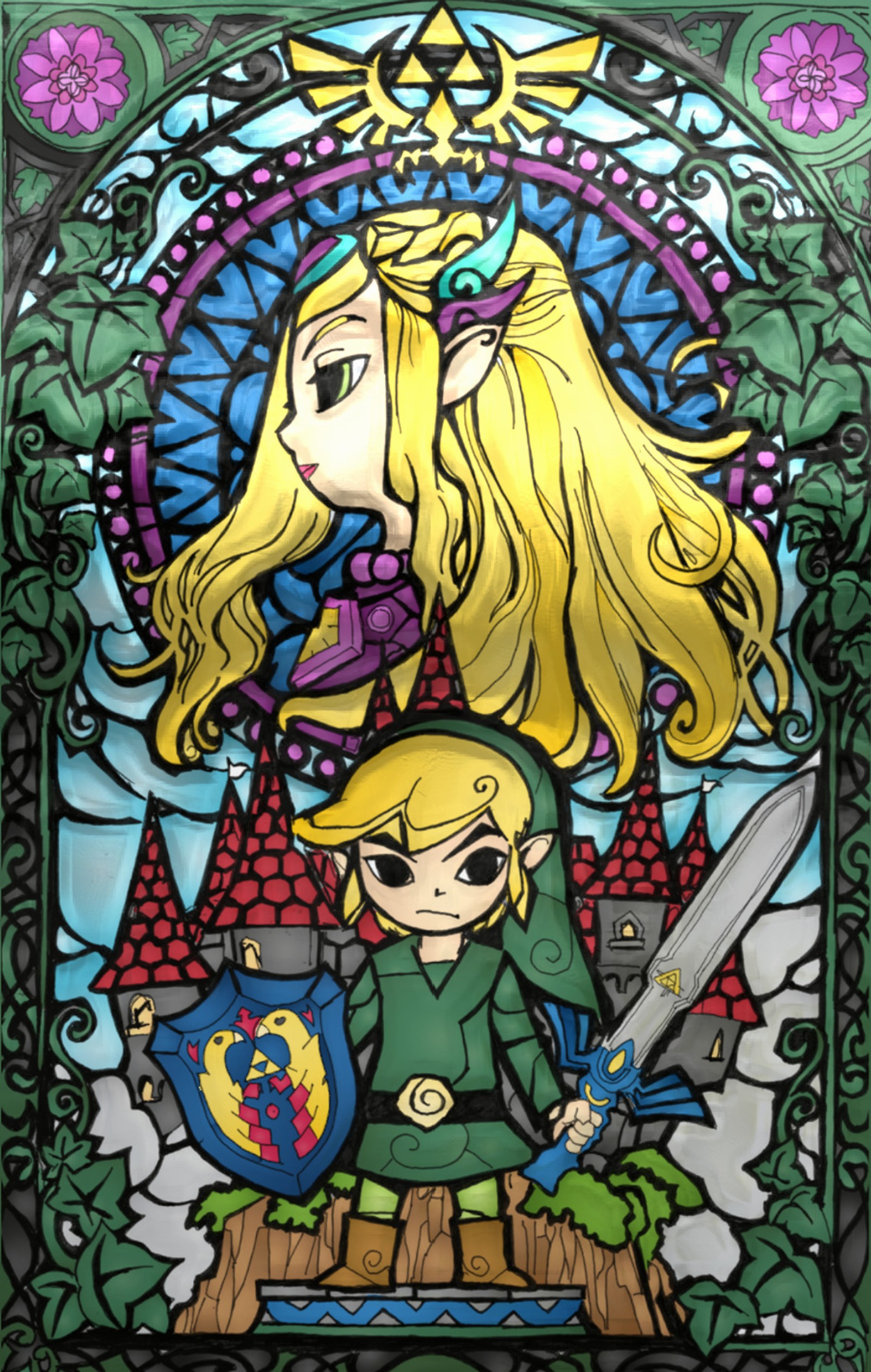 A close up of a stained glass window with a picture of a girl and a boy (link, zelda)